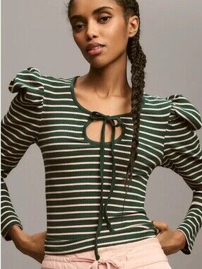 Porridge from Anthropologie Green & Pink Stripe Ribbed Puff Tee - Size - Small